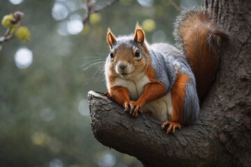a squirrel sits on a tree, ai generator