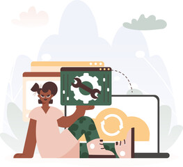 A Vector Diagram of a Youthful woman Holding a Browser Window with Gears and Torque, Idealize for Tech and Advancement Concepts.