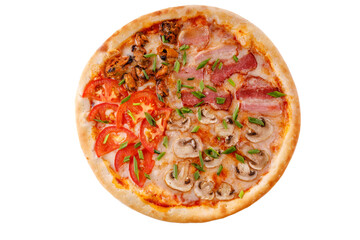 pizza with mozzarella, tomato, mussels, mushrooms and ham on white background for food delivery website menu
