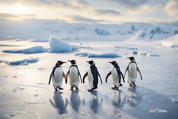 penguins walk on ice. ai generator - obrazy, fototapety, plakaty