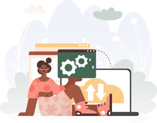 A Vector Chart of a Energized lady Holding a Browser Window with Gears and Torque, Idealize for Tech and Overhaul Concepts.