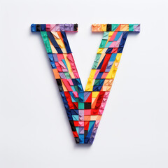 colourful letter V made from craft sticky tape, collage font typography, typeface letter, bright, neon