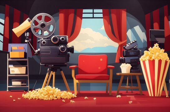 A red chair and a red chair in front of a screen with a cartoon character on it Generative AI
