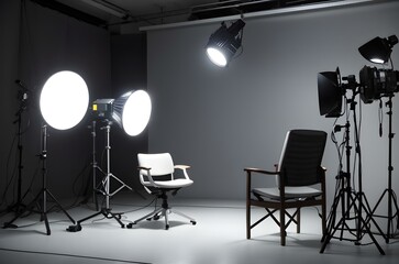 A room with a chair and a camera set up Generative AI