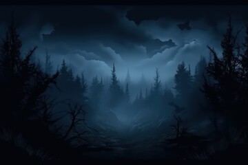 Dark gloomy forest. Night in the forest. Nature scene with forest and moonlight. Night view of the forest, nature, fog, smog, smoke.