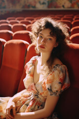 portrait of a woman/model/book character sitting in a cinema/theatre surrounded by velvet seats in in a fashion/beauty editorial magazine style film photography look - generative ai art