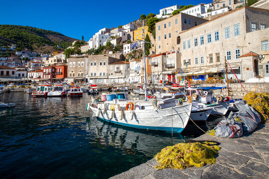 Fishing and leisure boats in harbor of Hydra island (greek islands)