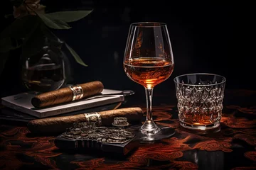 Fotobehang Havana Cigar, cylindrical tobacco leaf twist, smoked, Cuban, tobacco smoking process, Smoking a twist, cigarettes in pure form, rolled tobacco, elegantly luxurious gentlemanly style.