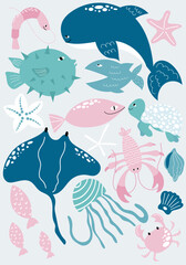 Cute handdrawn poster with sea animals. Whale, fish, jellyfish, crab, lobster, shrimp in cartoon style. 