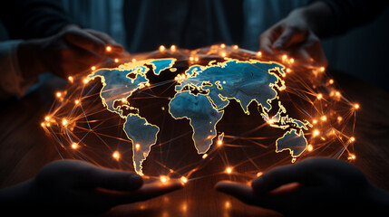 A global map forming from interconnected hands, representing collaborative efforts in poverty eradication 