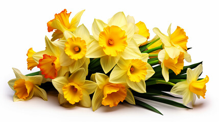 bouquet of yellow daffodils on a white background close-ups. Generative Ai. 