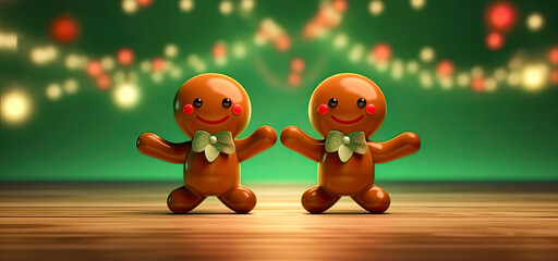 Fototapeta premium At christmas time, gingerbread men dancing on the wooden kitchen table with christmas green background in cartoon style. Tradition of Happy Christmas. Joyful celebrations with sweet treats