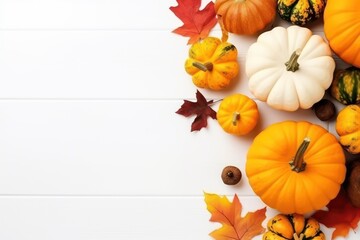 Festive autumn decor from pumpkins, berries and leaves on a white wooden background. Concept of...