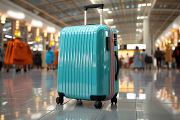 blue suitcase waiting at airport