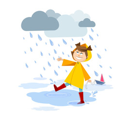 smiling girl in a yellow raincoat walking under the rain