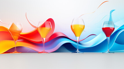 beautiful illustrations with colorful waves with glasses with a cocktail. Generative Ai. 