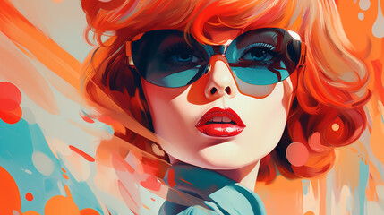 Obraz premium beautiful women in blue glasses with red hair close-up, abstract impressionism style illustration. Generative Ai. 