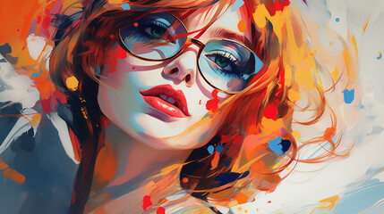 beautiful girl with glasses close-up illustration in the style of abstract impressionism. Generative Ai. 