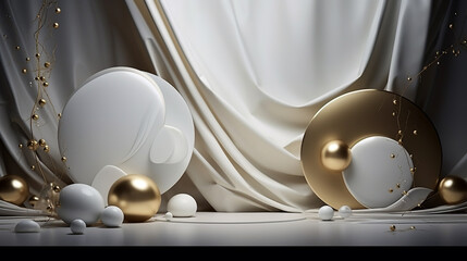 luxury background with white and gold balloons and shapes. Generative Ai. 