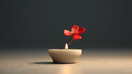 Front view of lighting candle with red flower
