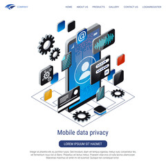 Mobile data privacy, phone protection, internet security, access control 3d isometric vector concept illustration