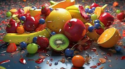 Fototapeta na wymiar Fruit salad spilling on the floor was a mess of vibrant colors and textures
