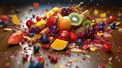 Fruit salad spilling on the floor was a mess of vibrant colors and textures - obrazy, fototapety, plakaty