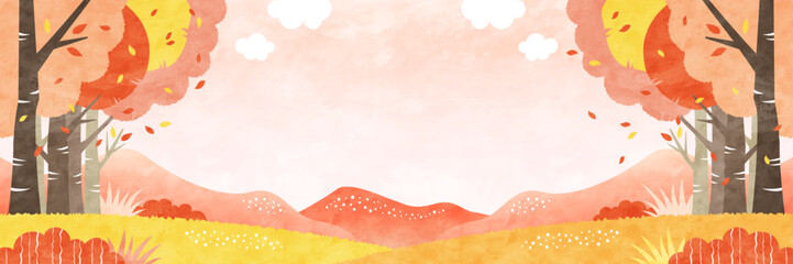 紅葉した草木と秋空の広がる風景 自然あふれる水彩背景イラスト