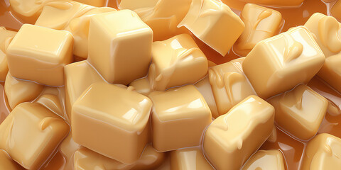 Fototapeta premium Creamy milky caramel pieces wallpaper. Yummy background with caramel praline cubes texture. Sweet candies backdrop.