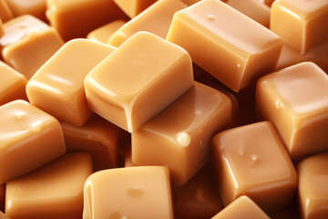 Fototapeta premium Creamy milky caramel pieces wallpaper. Yummy background with caramel praline cubes texture. Sweet candies backdrop.