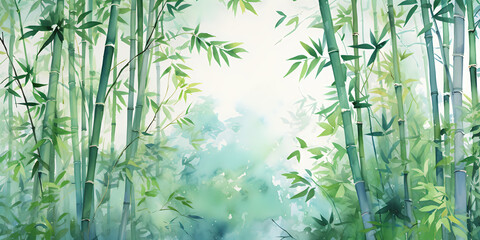 Tall tropical bamboo wall mural painted art, watercolor art style wallpaper background.