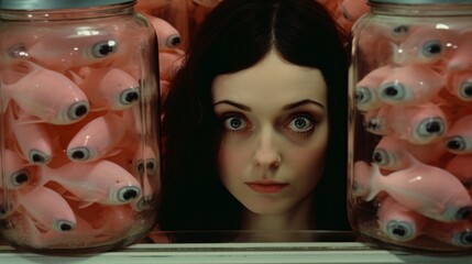 Eyes of Wonder: Brunette Woman Fascinated by the Collection of Jars Filled with Creepy Eyeballs.