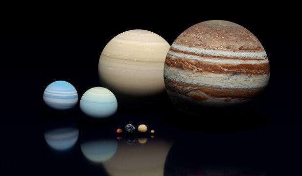 les huit planètes du système solaire à l'échelle sur un fond bleu foncé
