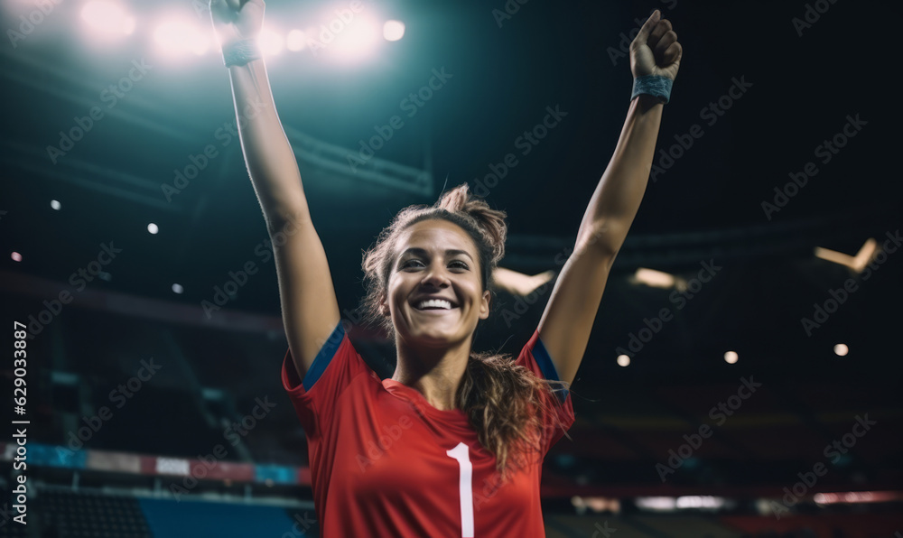 Wall mural female soccer player celebrating winning a match with their arms in the air