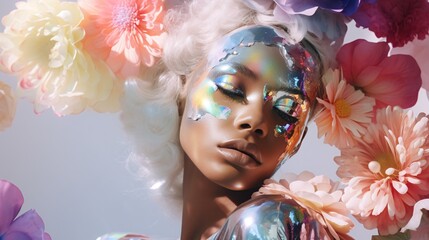 Futuristic Botanica: An Otherworldly Female Model Graced with Iridescent Foil and Captivating Realistic Flowers.
