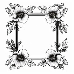 Decorative frame with a floral motif, black and white image, stylized as vector graphics, image without shadows,
