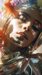 Futuristic Botanica: An Otherworldly Female Model Graced with Iridescent Foil and Captivating Realistic Flowers.