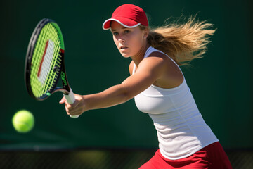 Tennis woman player hitting a forehand shot. The ball is in the air
