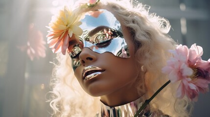 Futuristic Botanica: An Otherworldly Female Model Graced with Iridescent Foil and Captivating Realistic Flowers.