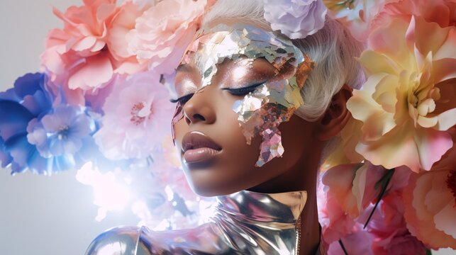 Futuristic Botanica: An Otherworldly Female Model Graced with Iridescent Foil and Captivating Realistic Flowers.