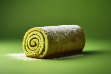 Beautiful Chimney green Cake Matcha Roll with cream on flat color background with copy space. 
