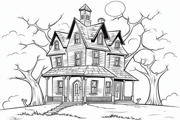 Fototapeta premium Colorless Scary Witch House, Halloween Coloring Page: AI Generated