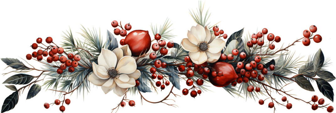 colorful christmas floral arrangement in watercolor clipart design isolated against transparent background