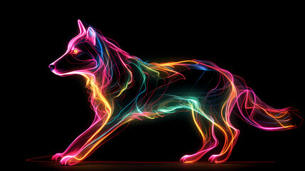 Wolf Animal Plexus Neon Black Background Digital Desktop Wallpaper HD 4k Network Light Glowing Laser Motion Bright Abstract	