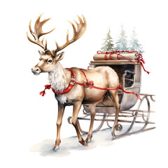 christmas reindeer pulls a sleigh in watercolor painting design isolated against transparent
