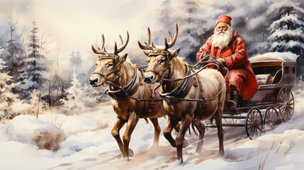 christmas reindeer pulls a sleigh with santa claus watercolor painting design 