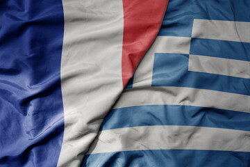 big waving realistic national colorful flag of france and national flag of greece