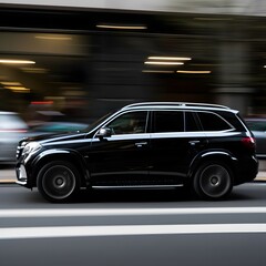 Fototapeta na wymiar a side view of a black luxury midsize SUV car in a busy Tokyo street, slow shutter speed