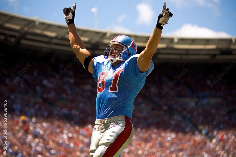 Wall mural American Football Player Scores a Touchdown.American football player celebrates scoring a touchdown in front of a roaring stadium crowd