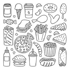 Fast food doodle set. Hamburger, ice cream, sandwich, hot dog, pizza in sketch style. Vector illustration isolated on white background.